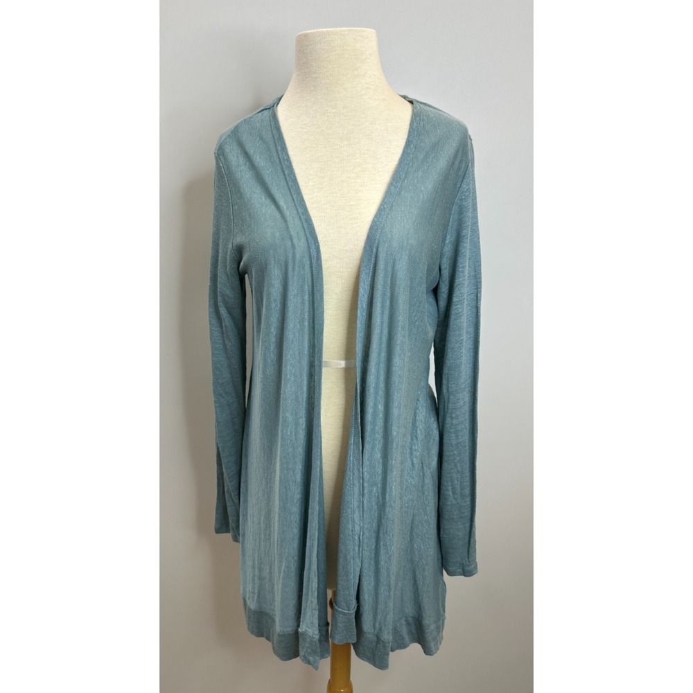 New Tahari 100% Linen Open Front Cardigan Dusty Teal Blue Longline Duster Medium - Picture 2 of 11